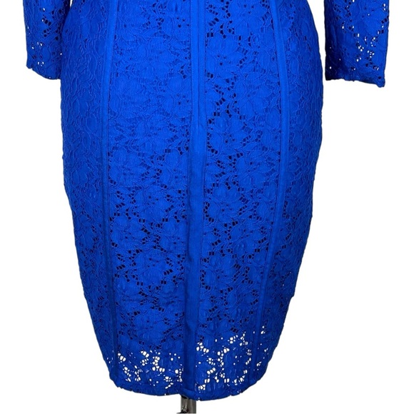 ADRIANNA PAPELL BLUE FLORAL LACE 3/4 SLEEVE STRETCH FITTED SHEATH COCKTAIL DRESS - Picture 11 of 15